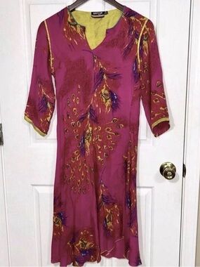 Satya Cotton Peacock Dress Pink Purple Boho Rhinestone Midi Med M 3/4 Sleeve